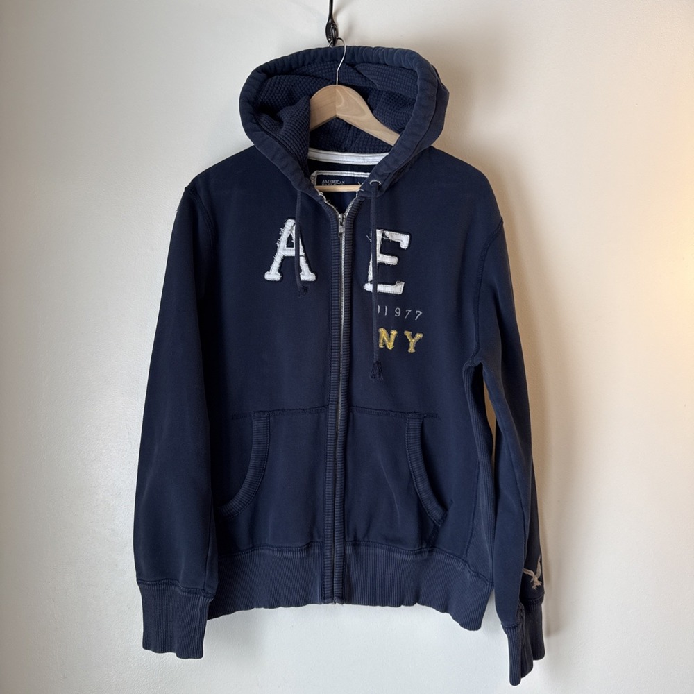 American Eagle Full Zip Hoodie‎ Sweatshirt Blue Thick Size L Preppy Logo Y2K